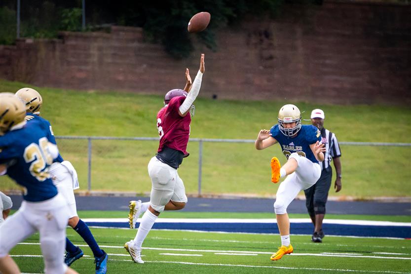 A football player punts the ball